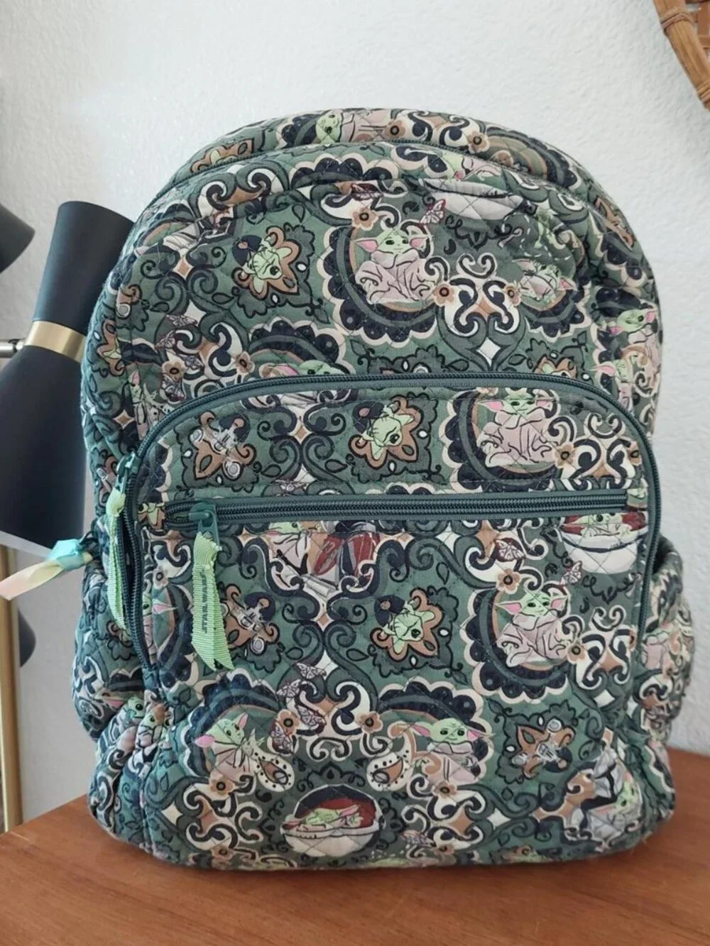 Vera Bradley Star Wars Grogu medallion backpack with repeating cartoon character